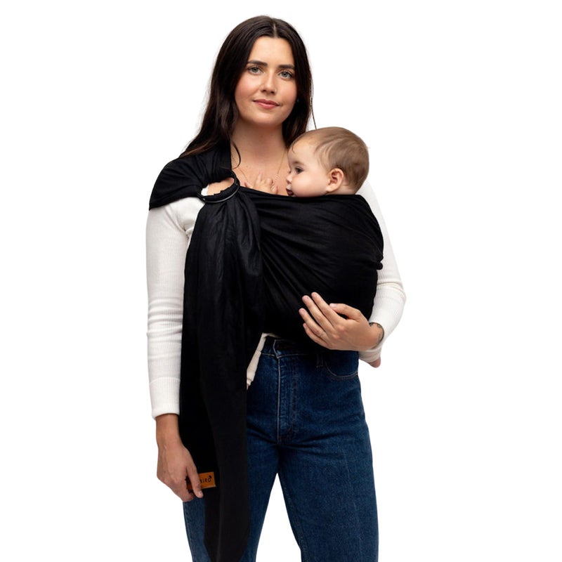 WildBird - Ring Sling Baby Carrier - 0-36 Months (up to 35 lbs) - Standard (74") Raven & Black Ring - Front, Hip or Back Carry - Adjustable Fit - Natural Linen - Baby Essentials - New Mom Gifts - Image 1